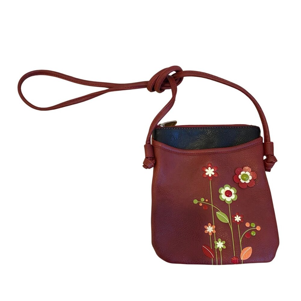 Espe Red Floral Vegan Leather Mini Crossbody Bag With spaghetti Strap & Top Zipp